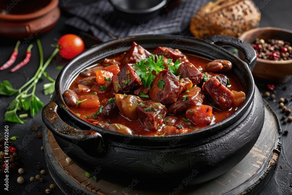 Beef stew with vegetables and parsley in a black pot Beef stew with vegetables and parsley in a black pot