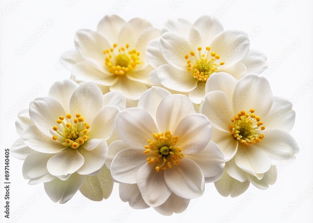 Fototapeta premium Delicate white blooms with soft petals and yellow centers isolated on a pure white background, providing a clean and elegant visual for creative projects.