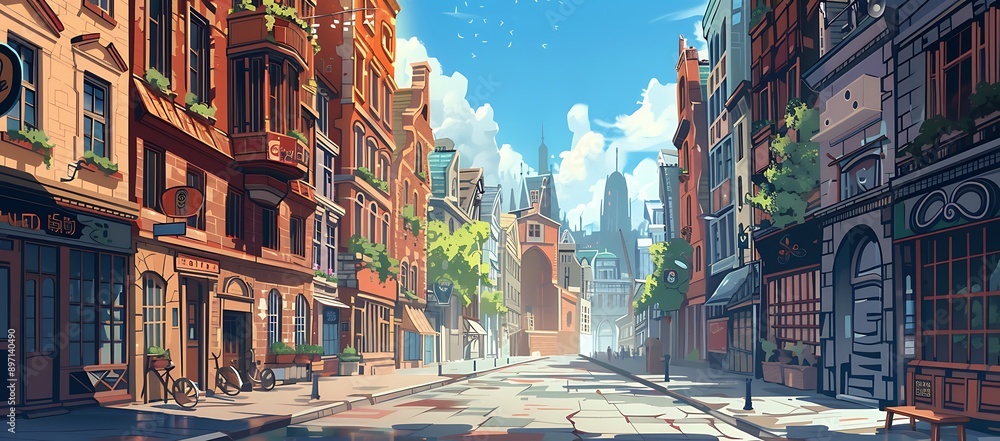 A Sunlit Street in a European City with Buildings, Shops, and a Bicycle A Sunlit Street in a European City with Buildings, Shops, and a Bicycle