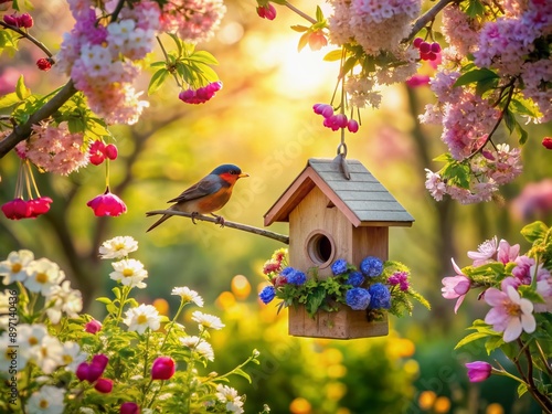 A charming birdhouse suspended from a blooming branch, surrounded by vibrant flowers, with a curious bird perched nearby, against a serene natural backdrop. photo