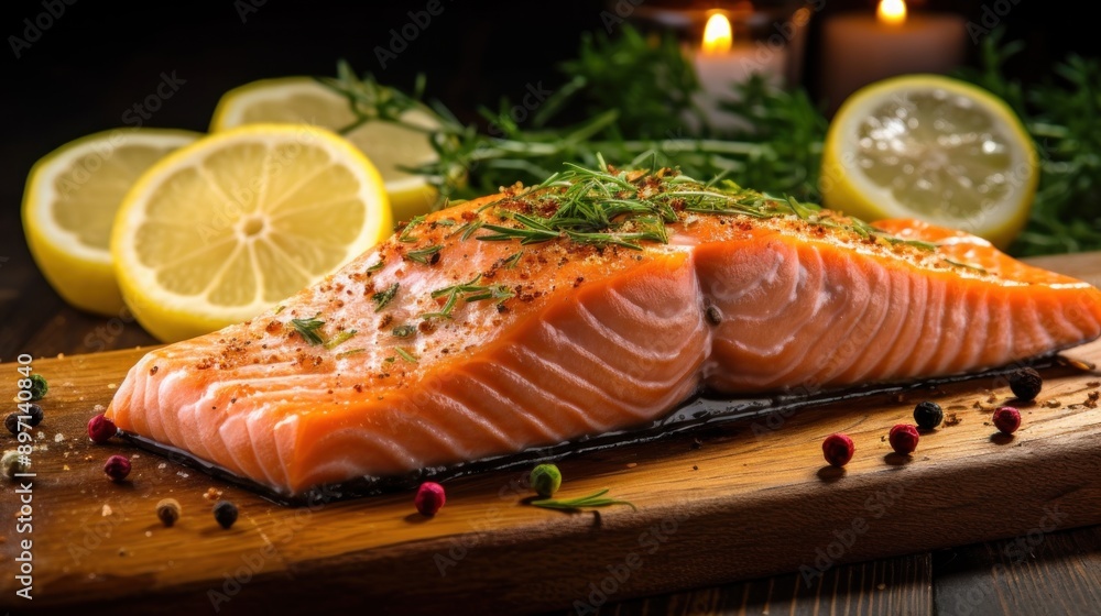 Grilled Salmon with Lemon and Herbs on Wooden Board Grilled Salmon with Lemon and Herbs on Wooden Board