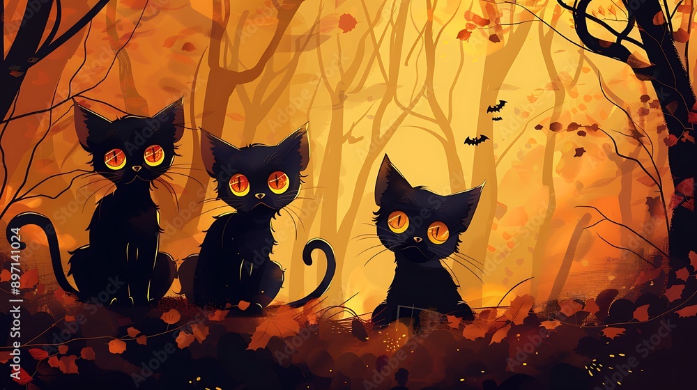 Three Black Cats with Glowing Eyes in an Autumn Forest Three Black Cats with Glowing Eyes in an Autumn Forest