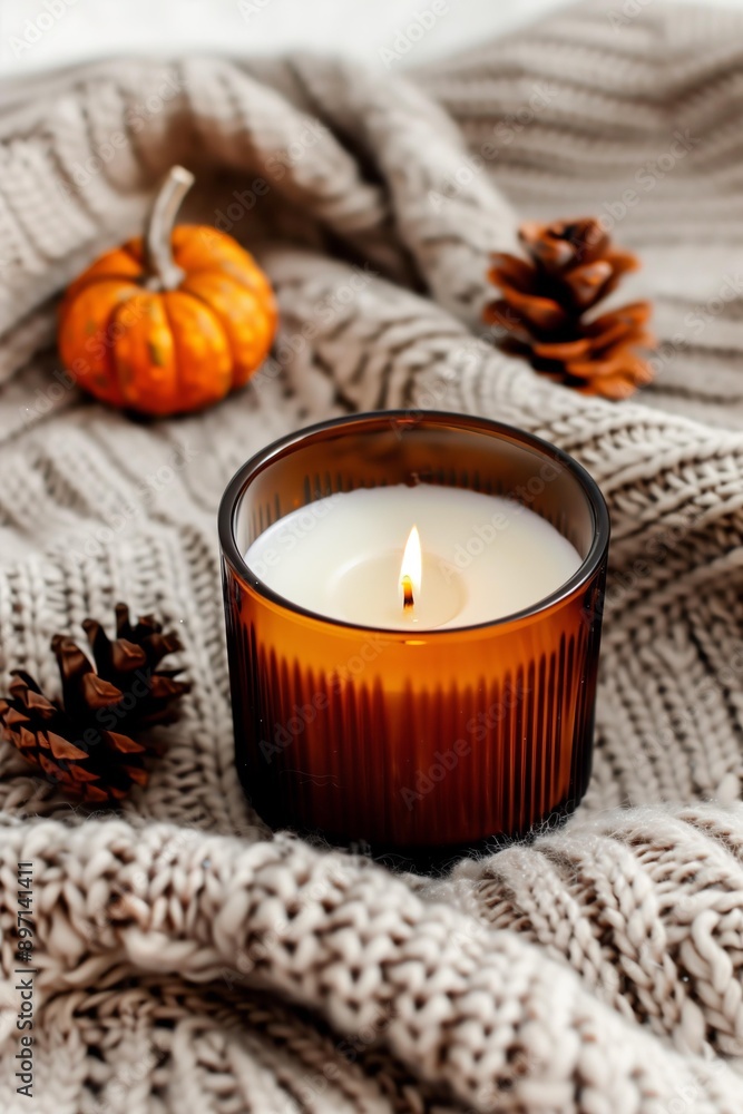 burning candle in a reeded brown glass container surrounded by cones, acorns, sweater, cosy, fall muted colors burning candle in a reeded brown glass container surrounded by cones, acorns, sweater, cosy, fall muted colors