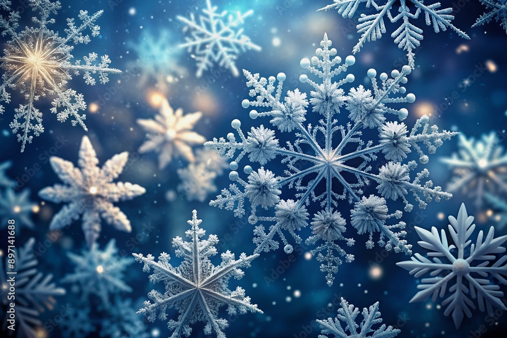 Delicate, intricately detailed snowflakes gently fall on a dark blue background, showcasing their lacy patterns and frosty beauty in a soft, serene, and dreamy winter wonderland scene. Delicate, intricately detailed snowflakes gently fall on a dark blue background, showcasing their lacy patterns and frosty beauty in a soft, serene, and dreamy winter wonderland scene.