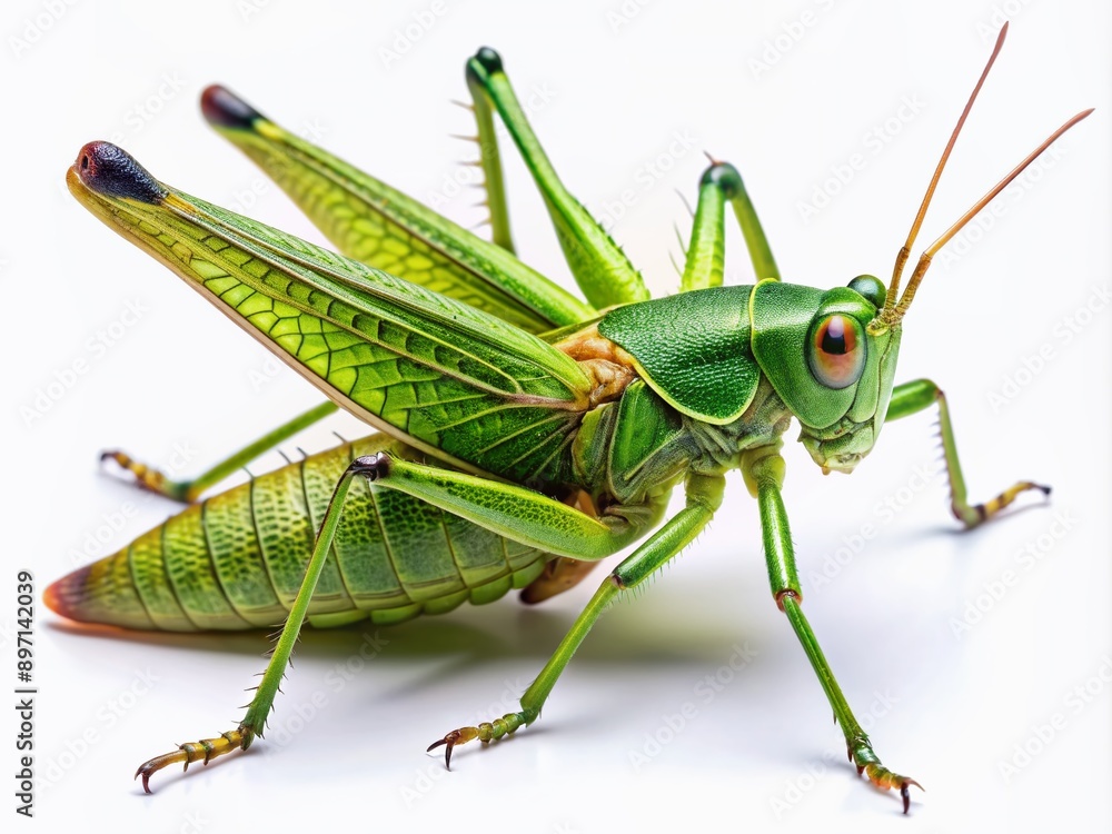 Vibrant green grasshopper with intricate wings and long antennae perches on a soft, isolated white background, showcasing its natural beauty and delicate features digitally. Vibrant green grasshopper with intricate wings and long antennae perches on a soft, isolated white background, showcasing its natural beauty and delicate features digitally.
