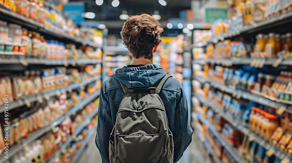 Back view of young man shopping Deliberately scanning the shelves for the desired product. Her posture and focus convey a sense of purpose and connection. Back view of young man shopping Deliberately scanning the shelves for the desired product. Her posture and focus convey a sense of purpose and connection.