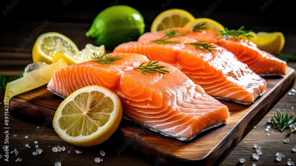 Fresh Salmon Fillet with Lemon and Dill on a Wooden Board Fresh Salmon Fillet with Lemon and Dill on a Wooden Board