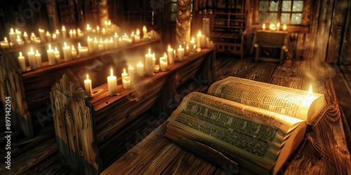 Hymnal's Embrace: An open hymnal, nestled in a wooden pew, surrounded by flickering candles