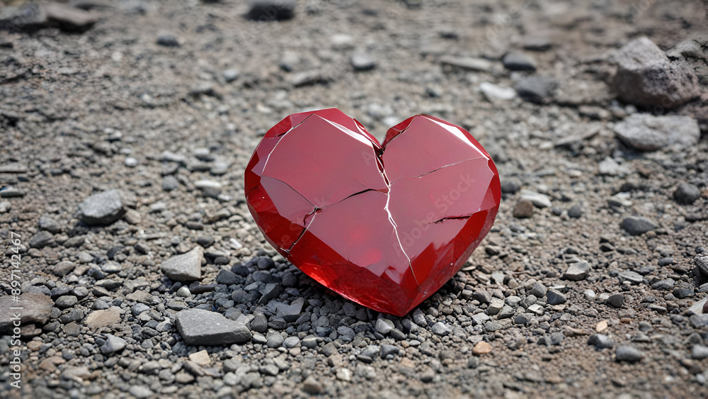 Fototapeta premium Broken Heart-shaped Red Glass on Rocky Ground