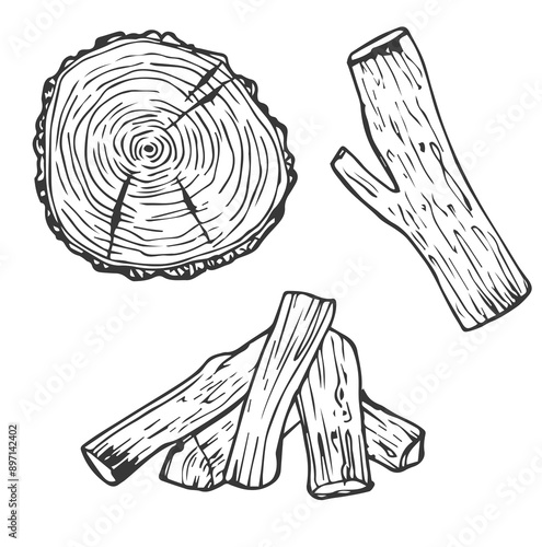 Wooden logs and twigs sketch on white background. Vector illustration of timber and wood stump. Firewood hand drawing line sketch