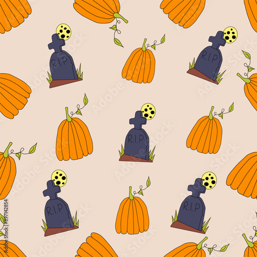 colorful autumn halloween pattern, crypt pumpkins and moon.