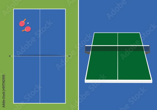 Schéma d’une surface de jeu de tennis de table, vue du dessus et en perspective.