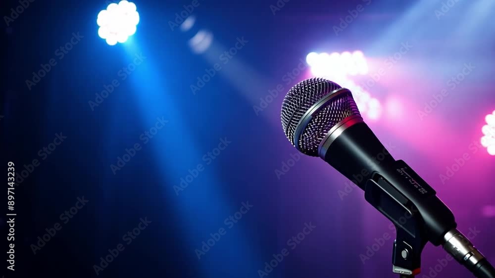 On a concert platform, a vintage vocal microphone is illuminated by pink and blue spot lights.