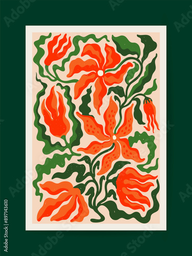 Vibrant abstract vector art with bold orange lilies and green leaves