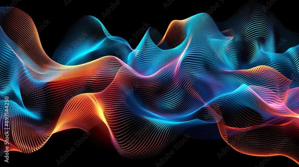 Obraz premium Elegant digital wave on black background, featuring colorful hues and futuristic design evoking technology and internet energy