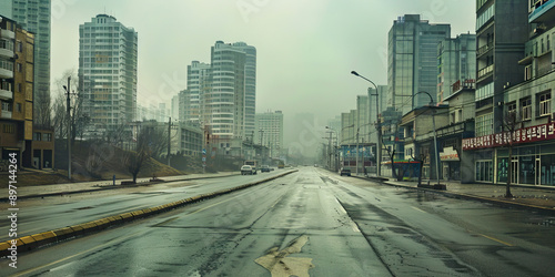 Cold Truth: An empty street in Pyongyang, North Korea, with high-rise buildings in the background photo