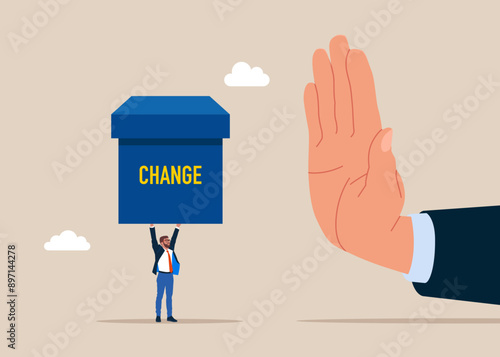 Big hand rejected change cube box. Fear of change, reluctance to leave comfort. Status quo bias. Flat vector illustration