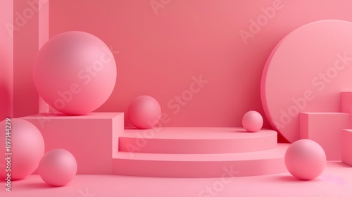 A 3D render of geometric shapes in various sizes in a bright pink color.