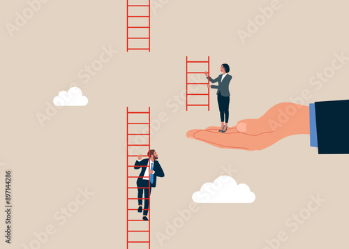 Business support. Big hand with woman help climb ladder of success, for business opportunity. Flat vector illustration