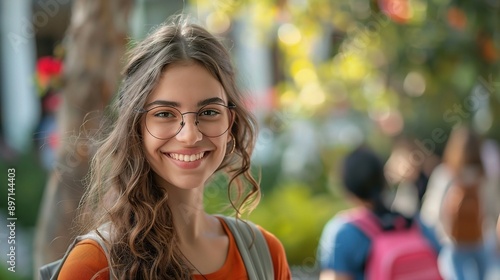 Smiling Student: A young woman, wearing glasses, smiles brightly at the camera. 