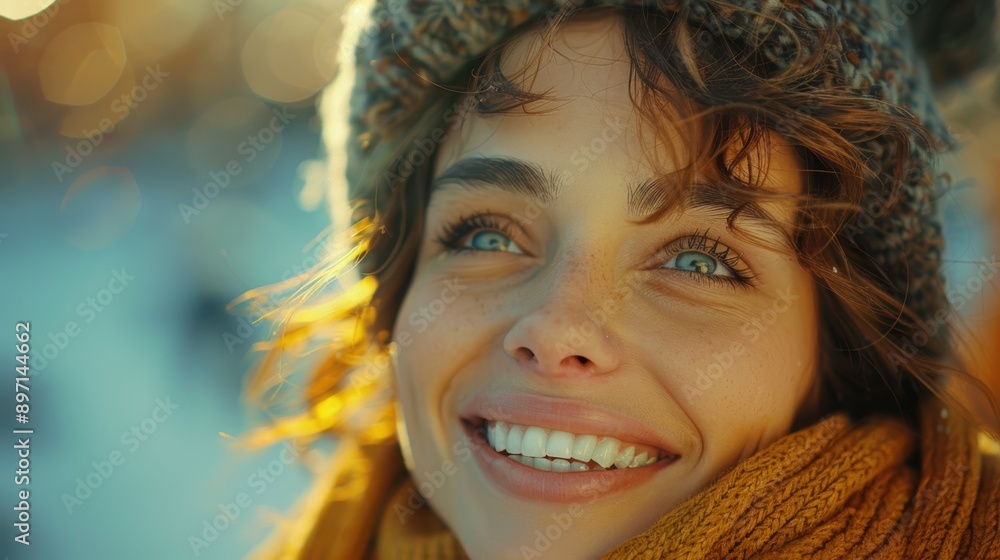 A warm and joyful close-up of a young woman with a beaming smile, wearing a cozy knit hat and scarf, set against a softly lit, blurred outdoor winter background A warm and joyful close-up of a young woman with a beaming smile, wearing a cozy knit hat and scarf, set against a softly lit, blurred outdoor winter background