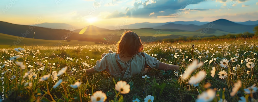 Fototapeta premium Tranquil meadow with a person lying down and relaxing, mental wellness, relaxation