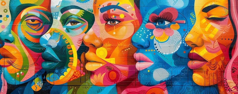 Fototapeta premium Group of artists from different cultures creating a collaborative mural, multicultural unity, artistic expression