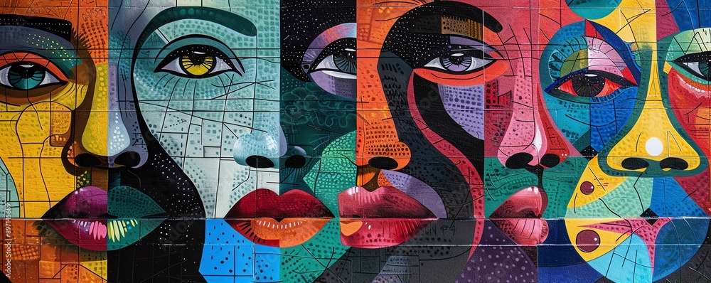 Fototapeta premium Group of artists from different cultures creating a collaborative mural, multicultural unity, artistic expression