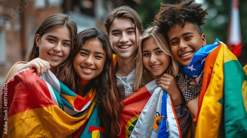 Group of students with flags from different countries, multicultural unity, education