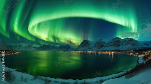 Breathtaking display of the Northern Lights dances across the night sky, casting vibrant, swirling lights over a calm fjord and surrounding mountains. This magical scene captures the awe-inspiring 