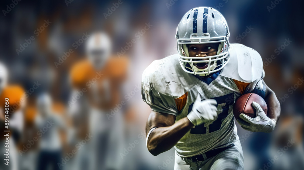 Football player is seen making a decisive and strategic run with the ball on a well-lit football field. The energy, intensity, and athletic prowess required for the game are captured Football player is seen making a decisive and strategic run with the ball on a well-lit football field. The energy, intensity, and athletic prowess required for the game are captured