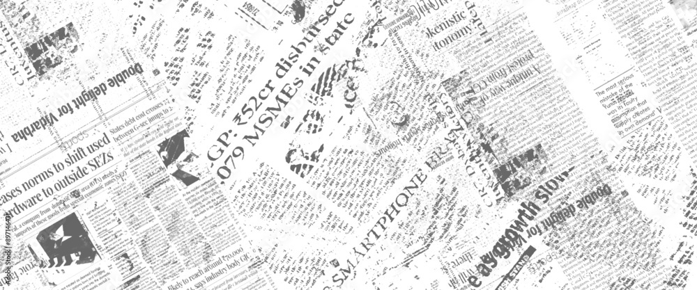 Vector white and black newspaper paper grunge vintage old aged texture with fragments of newspaper text Transparent background.