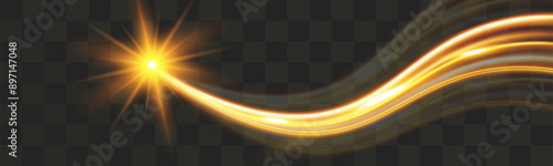 Light wave,shiny gold lines.Color glowing design element.Wavy bright stripes.Vector illustration.	

