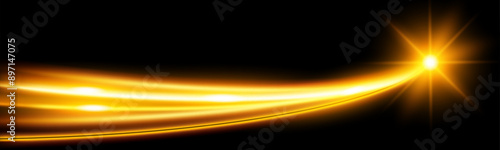 Light wave,shiny gold lines.Color glowing design element.Wavy bright stripes.Vector illustration.	

