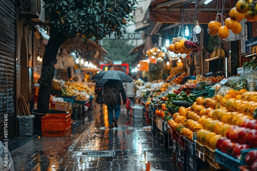 A bustling open-air market on a rainy day features vibrant, fresh produce on display, with shoppers equipped with umbrellas navigating the narrow, wet aisles