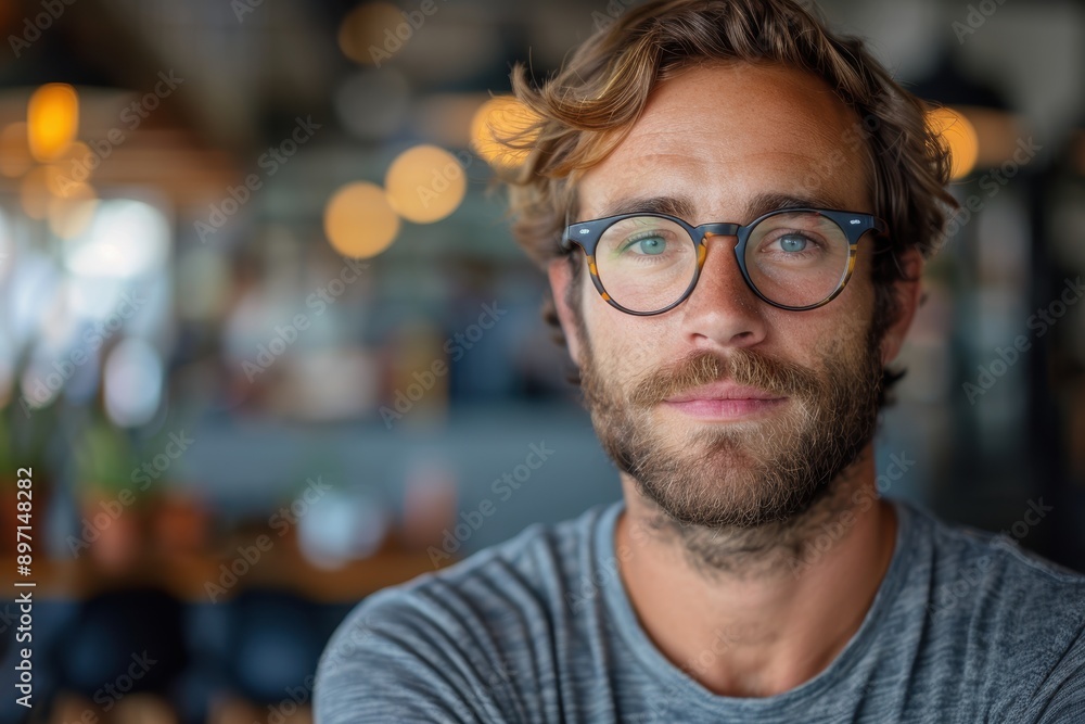 A bearded man with glasses in a casual, modern indoor setting, looking directly at the camera with a calm expression and blurry background, illuminated by warm, ambient lighting A bearded man with glasses in a casual, modern indoor setting, looking directly at the camera with a calm expression and blurry background, illuminated by warm, ambient lighting