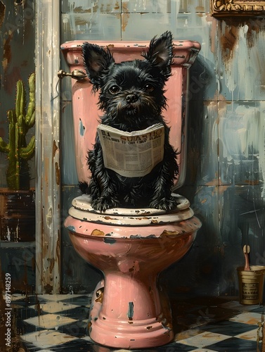 Stray Dog Reads Newspaper on Retro Bathroom Toilet with Cacti
