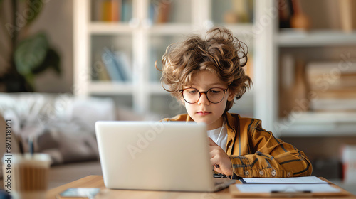 A focused boy with curly hair works on a laptop, immersed in learning at home. Bright and inspiring study environment.