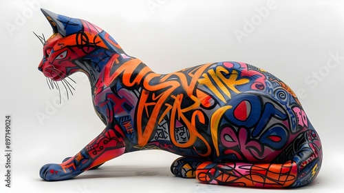 Vibrant Clay Cat Sculpture with Graffiti Artwork and Wildstyle Calligraphy on White Background