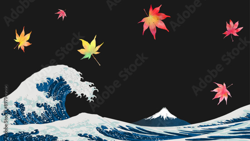 北斎風の波と富士山、水彩のモミジの秋の背景イラスト素材、黒背景、16:9、ベクター、テンプレート