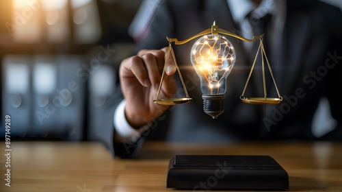 intellectual property ethical concept with businessman holding balance justice to encourage ai user no patent infringement and copy right of human artist in business activity