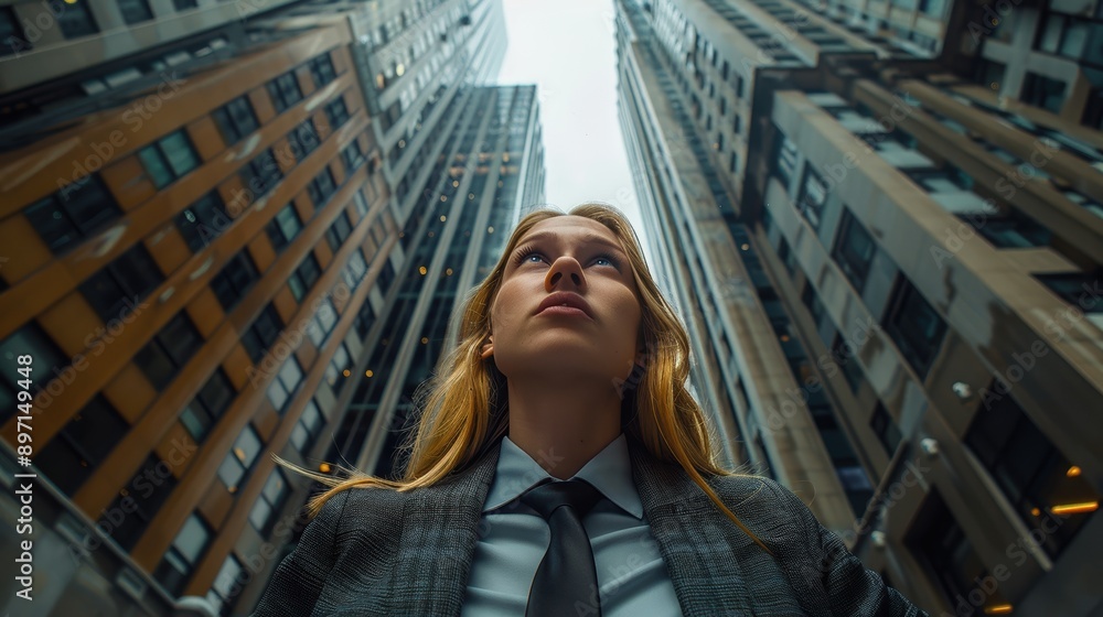 A young professional dressed in business attire gazes upwards amidst a backdrop of towering skyscrapers on a cloudy day, highlighting an urban city setting A young professional dressed in business attire gazes upwards amidst a backdrop of towering skyscrapers on a cloudy day, highlighting an urban city setting