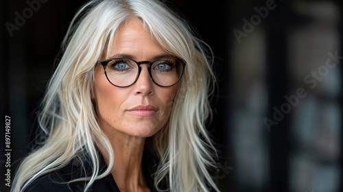 Elegant portrait of a confident woman with blonde hair and stylish glasses, looking directly at the camera with a serious expression against a blurred background