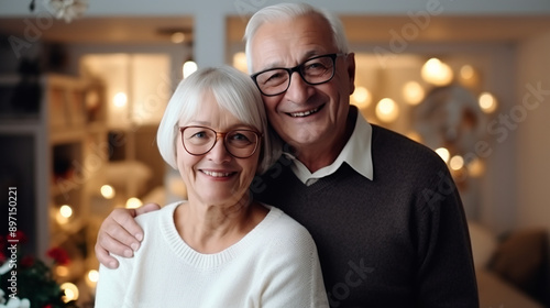 retired mature couple portrait looking at the camera, elderly senior couple with white hair at home, photography. © halo