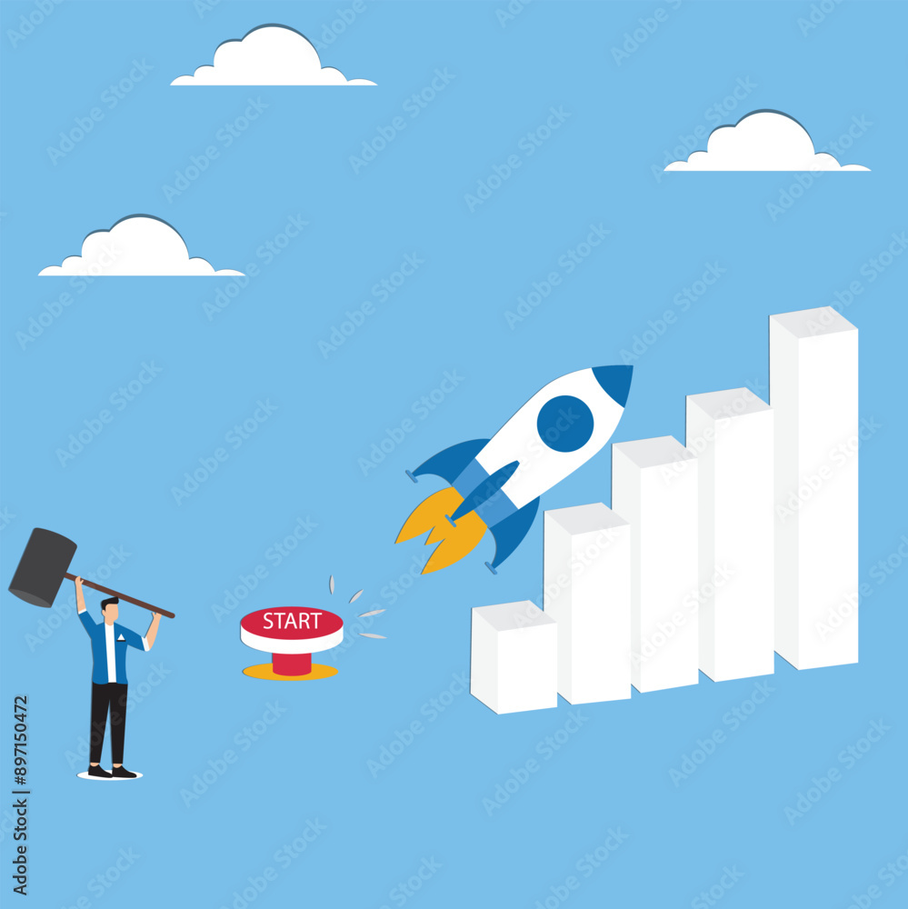 Fototapeta premium Boost rocket to business growing fast, investment growth, start or launch new business, innovation to boost success, rising up and improvement concept, businessman on growth chart launching rocket