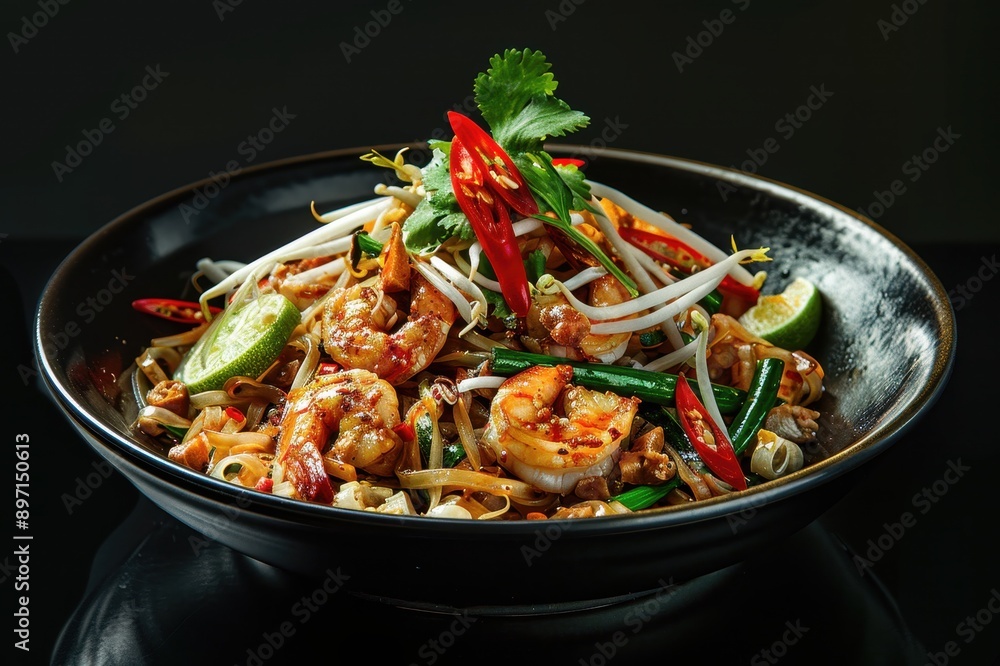 Close-up of a Bowl of Pad Thai with Shrimp, Bean Sprouts, and Cilantro Close-up of a Bowl of Pad Thai with Shrimp, Bean Sprouts, and Cilantro