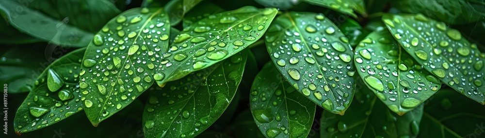 Wet leaves after rain, close-up with water droplets, vibrant green foliage, nature's freshness, post-rain nature Wet leaves after rain, close-up with water droplets, vibrant green foliage, nature's freshness, post-rain nature