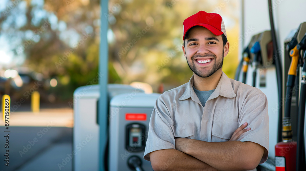 Obraz premium Fuel station attendant arms crossed