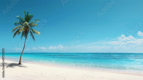 Tranquil beach with turquoise water  white sand  and a lone palm tree  vibrant and detailed  digital art  serene scene
