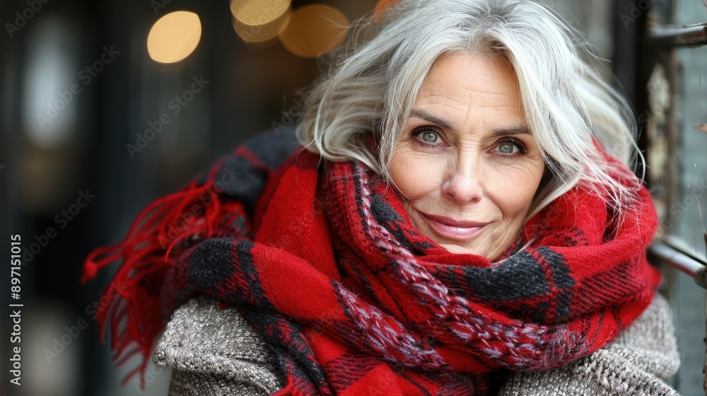 A smiling older woman with gray hair, wearing a red and black plaid scarf and a coat, standing outside near a rustic background with warm lighting A smiling older woman with gray hair, wearing a red and black plaid scarf and a coat, standing outside near a rustic background with warm lighting